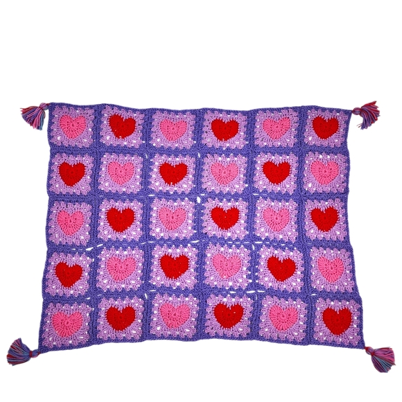 New Handmade Crochet Heart Granny Square Lap Blanket Tassels Purple Pink Red - Picture 3 of 9
